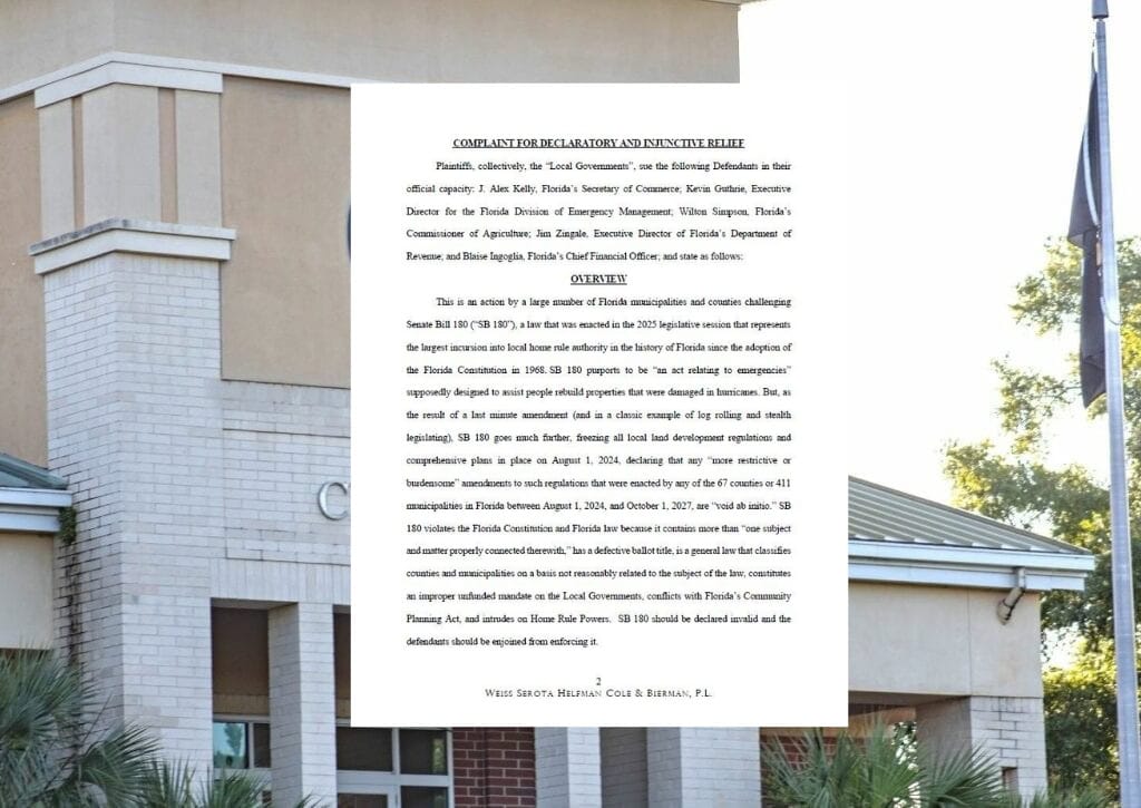 The city of Alachua is one of 25 municipalities in Florida named in a lawsuit filed on Monday challenging the constitutionality of a law restricting local governments from regulating development after natural disasters. Photo by Seth Johnson