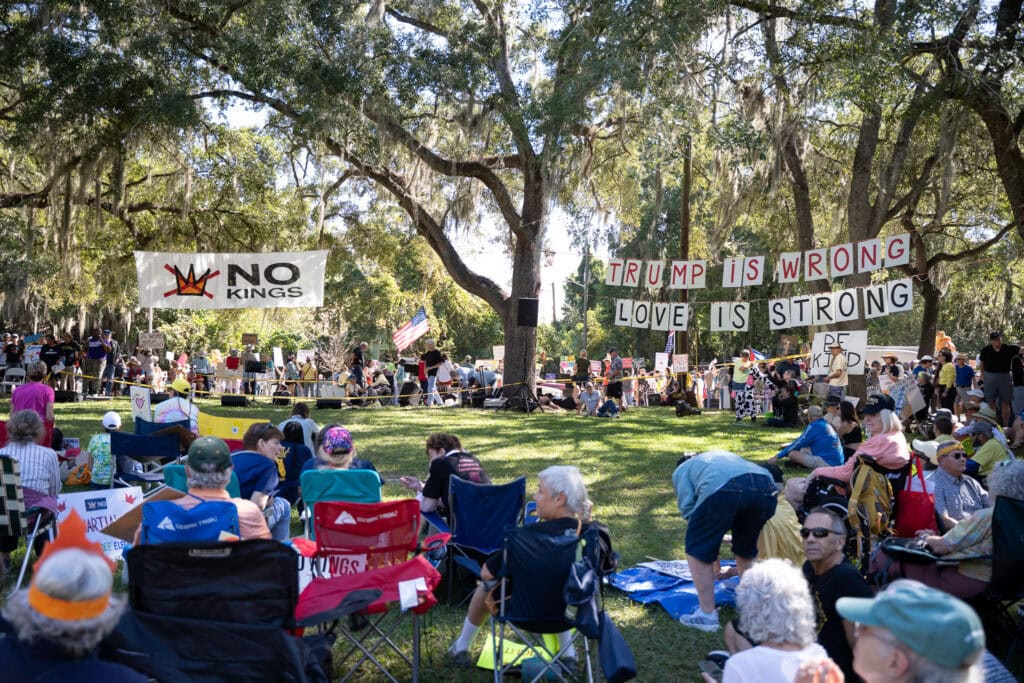 Cora P. Roberson Park was occupied with peaceful protesters during the No Kings Gainesville protest. The turnout hasn't been recorded yet, but estimates suggest a larger turnout than the June protest