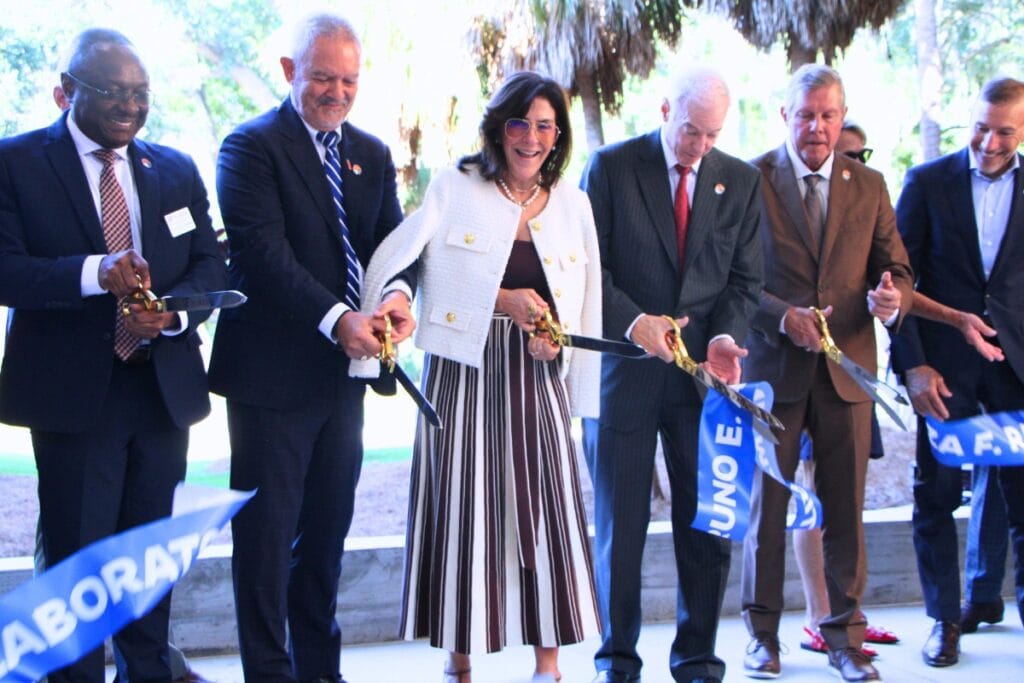 (From left) Chimay Anumba, Bruno and Maritza Ramos, Donald Landry and David Brandon celebrate the opening of the Bruno E. and Maritza F. Ramos Collaboratory with a ribbon cutting. Photo by Lillian