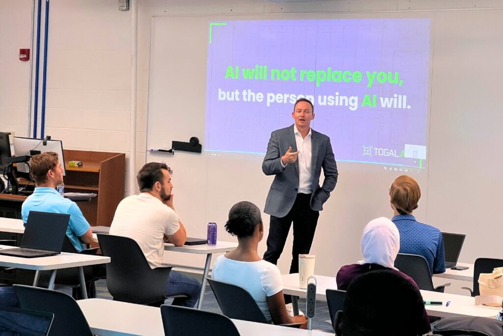 Patrick Murphy, founder and CEO of Togal.AI, speaks to University of Florida construction management students on Tuesday. Photo by Nick Anschultz