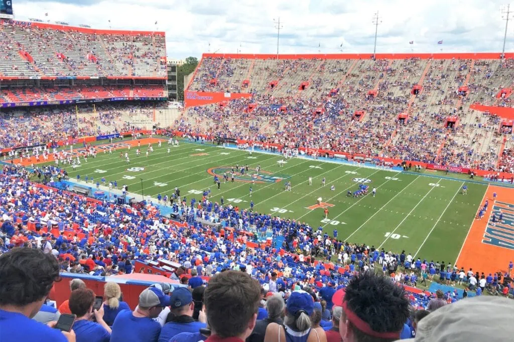 The Florida Gators warm up prior to a game in Ben Hill Griffin Stadium.