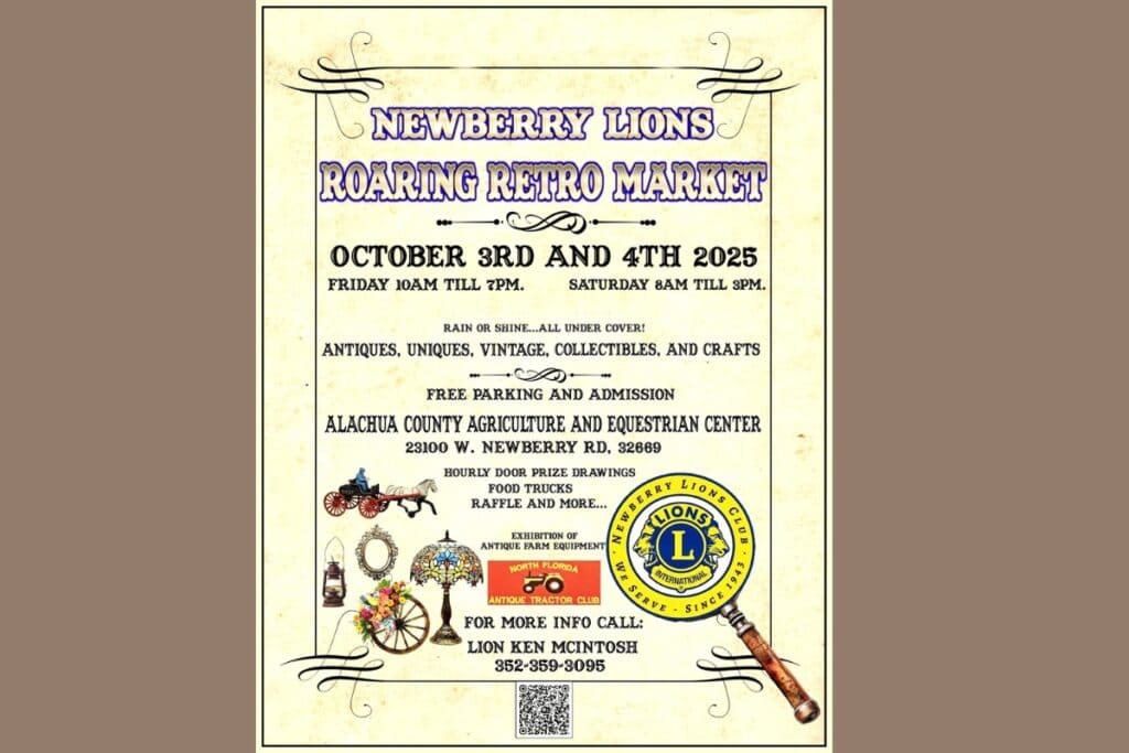 The second annual Newberry Lions Roaring Retro Market will take place on Friday and Saturday, Oct. 3-4, at the Alachua County Agriculture and Equestrian Center. Courtesy