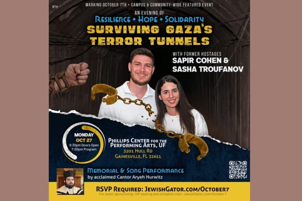 Two former hostages will share their story on surviving in Hamas captivity at the UF Phillips Center for the Performing Arts on Monday. Courtesy of UF Chabad