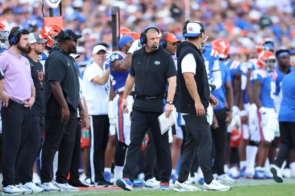 UF head coach Billy Napier paces the sideline Saturday at Ben Hill Griffin Stadium. Photo by Nicole Scharff-UAA Communications