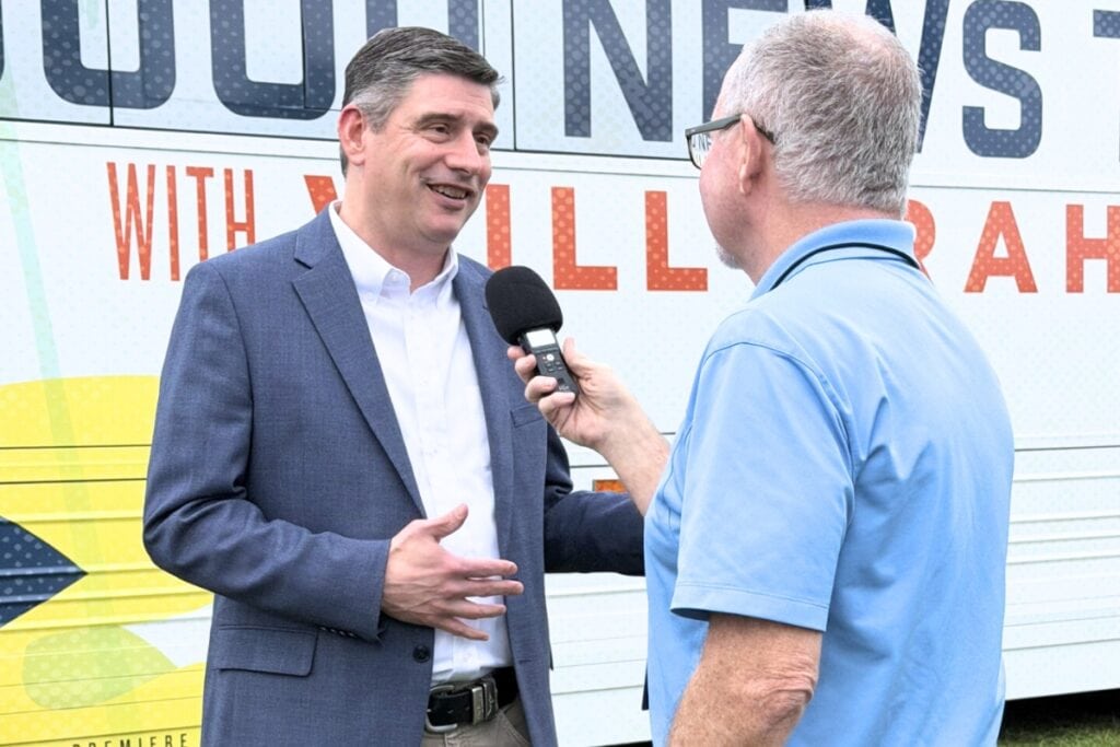 Will Graham (left), Billy Graham's grandson, talks to MARC Media's Mike Gilland at Tuesday's The Sunshine State Good News Tour in Gainesville. Courtesy of Mike Gilland
