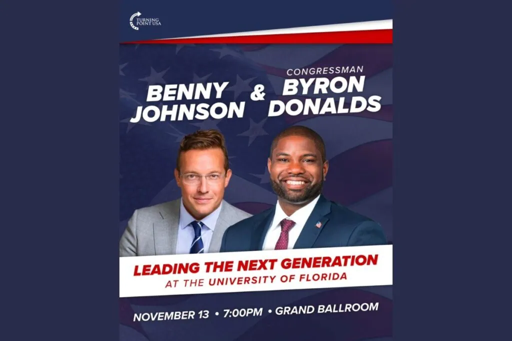 Florida Congressman Byron Donalds and conservative commentator Benny Johnson will headline “Leading the Next Generation at the University of Florida” on Thursday, Nov. 13.  Courtesy Turning Point