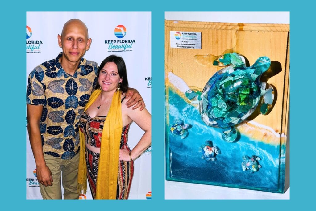 (From left) Carlos Gonzalez, executive director of Keep Alachua County Beautiful, and Sherry Carpenter, executive director of Keep Florida Beautiful, and the 2025 Clean Community Award awarded to Keep Alachua County Beautiful. Courtesy of KACB