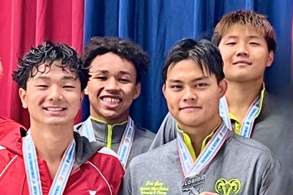 (From left) Christopher Jeong, Anton Burangulov, Eric Gong and Alex Han finished fourth in the 400-yard freestyle relay at the 2A state swim championships on Friday. Courtesy of Jon Allen