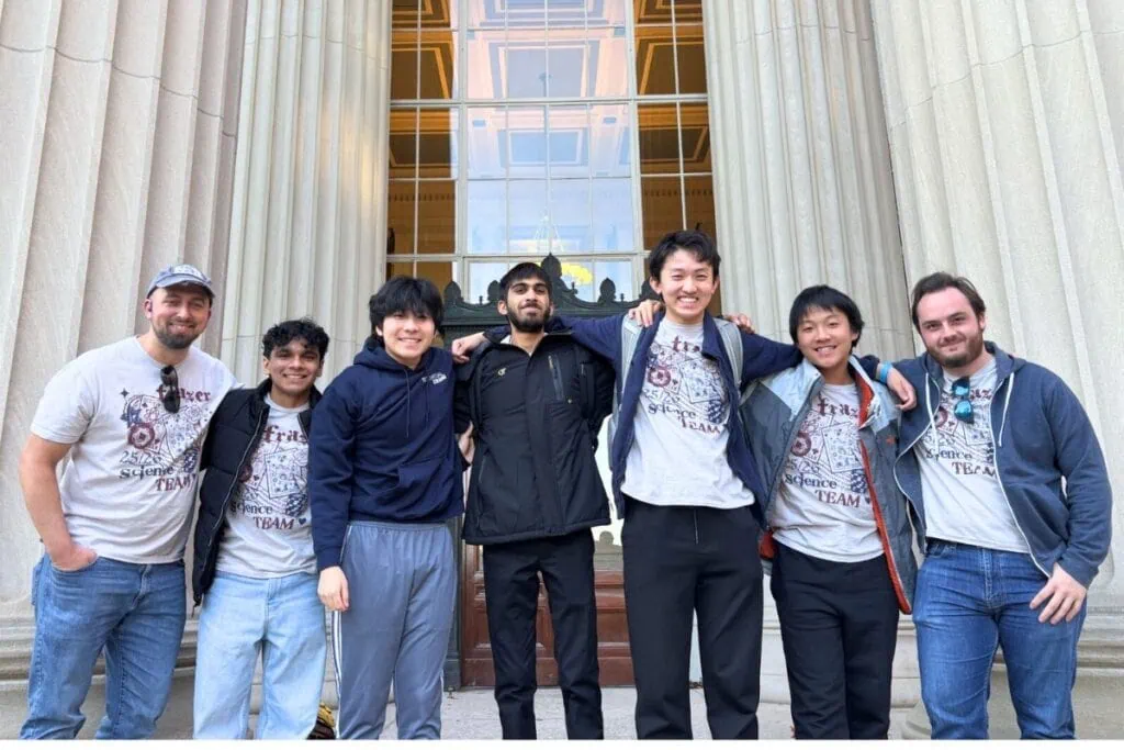 (From left) Coach Marc Moody, Anish Patel, Jimmy Jiang, Ajay Sawant, Michael Wei, Edwin Gao and Coach David Buffkin competed at the MIT Science Bowl in Boston. Courtesy of Frazer School 1