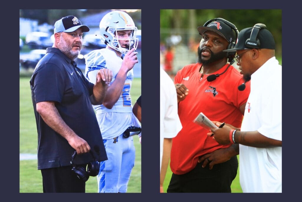 (From left) First-year football coaches Cliff Harrell (Chiefland) and Earnest Graham (Santa Fe) have their teams in the FHSAA playoffs. Photos by C.J. Gish