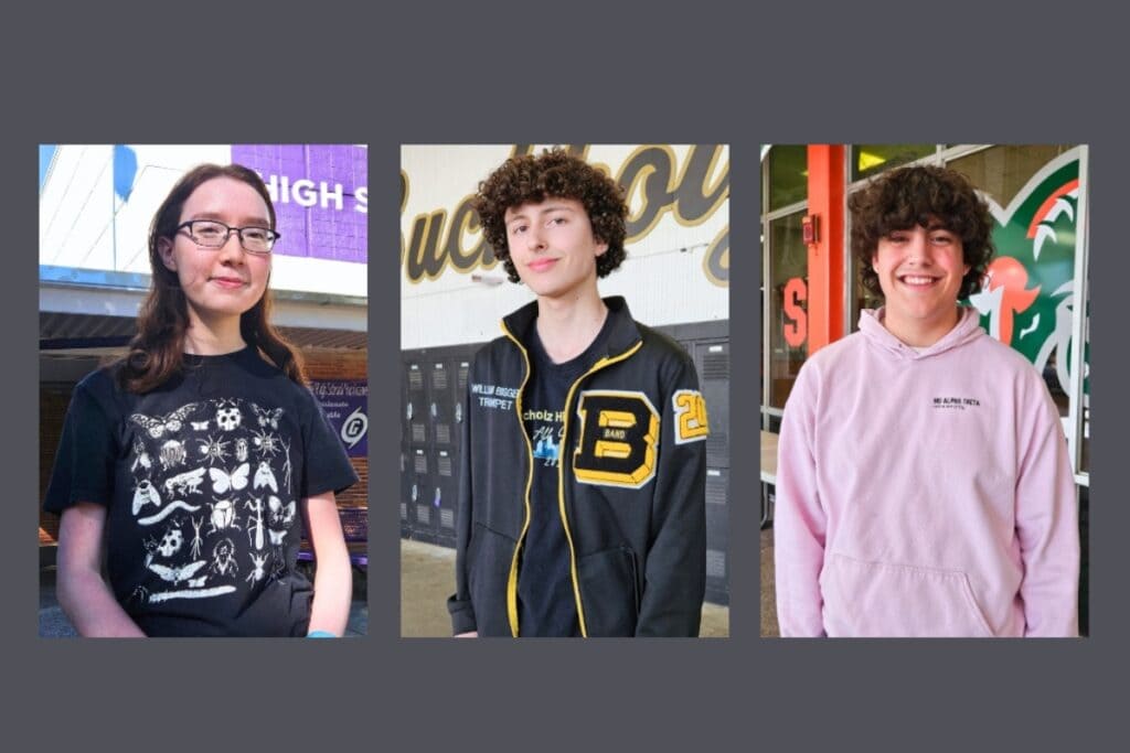 (From left) Sigrid Noah (Gainesville), William Bigger (Buchholz) and Ethan Dodds (Eastside) earned perfect scores on their PSATNMSQT exam. Courtesy of ACPS