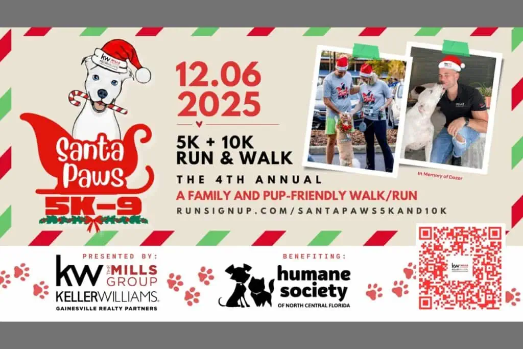 The Fourth Annual Santa Paws 5K-9 and 10K-9 fundraiser runwalk is slated for Saturday, Dec. 6, in Gainesville. Courtesy of HSNCF