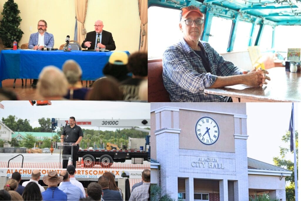 Among 2025's top 10 stories of the year include (top left, clockwise) the GRU Authority, ADA compliance lawsuits, city of Alachua upheaval and Celebration Pointe finances.