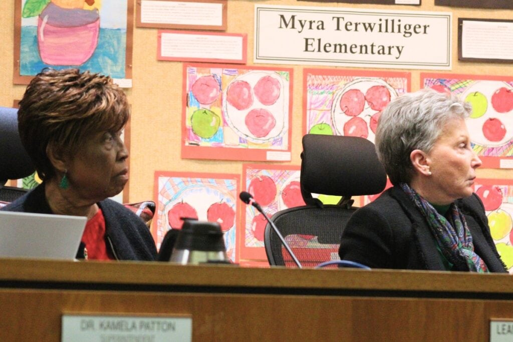 Board Members Leanetta McNealy (left) and Janine Plavac voted against the budget director-Chief Financial Officer transition on Tuesday night. Photo by Nick Anschultz