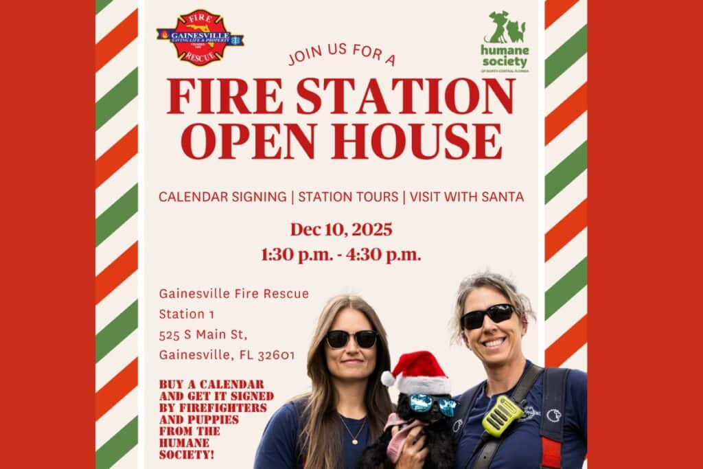 Gainesville Fire Rescue (GFR) will host a Holiday Open House at Station 1 with the Humane Society of North Central Florida on Wednesday. Courtesy of GFR (1)