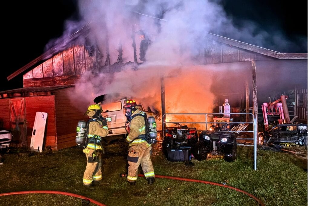 Multiple fire units responded to a vehicle and barn fire in Cross Creek on Sunday night. Courtesy of ACFR