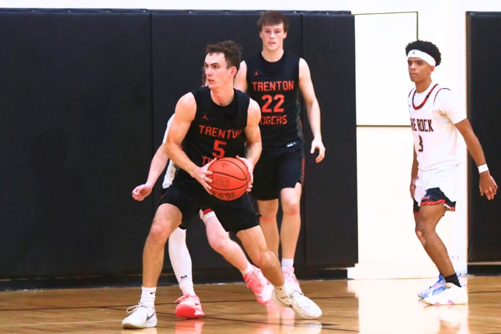 Trenton's Mason VunCannon (5) scored 26 points to lead the Tigers to a 60-56 win over Cedar Shoals (Georgia) on Monday at the Florida Get Down Tournament. File photo by C.J. Gish