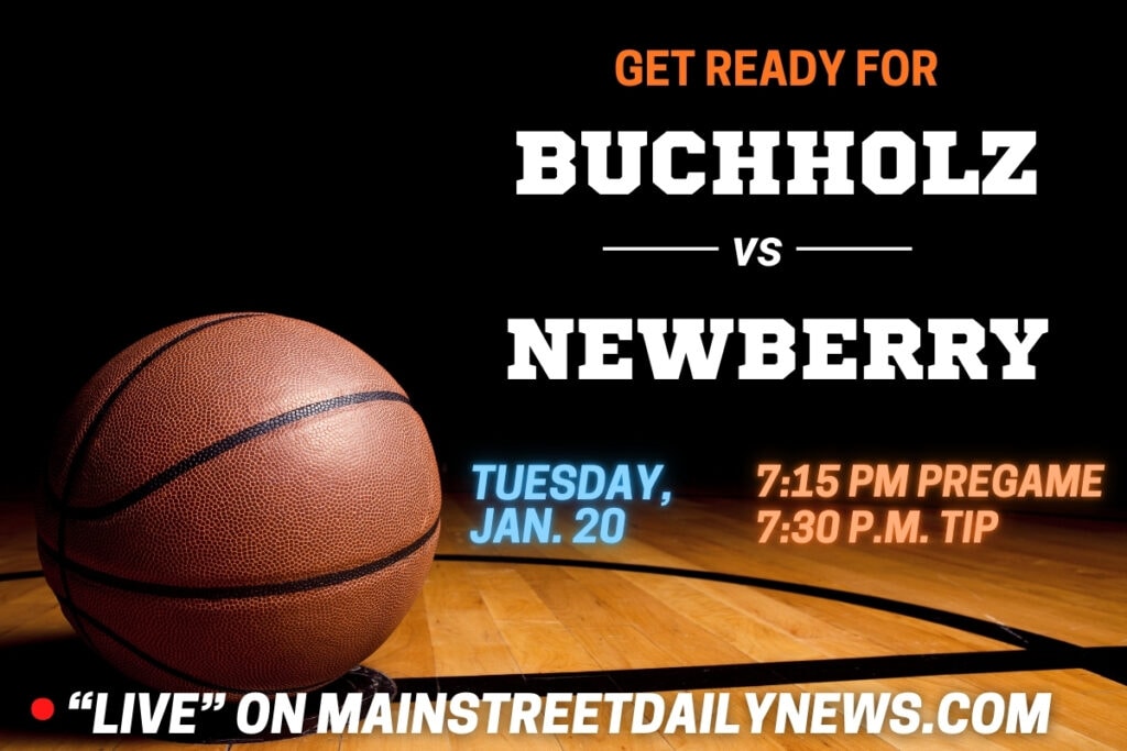 Photo of a basketball on a gym floor previewing a Mainstreet live stream broadcast of Buchholz High School vs. Newberry High School boys basketball