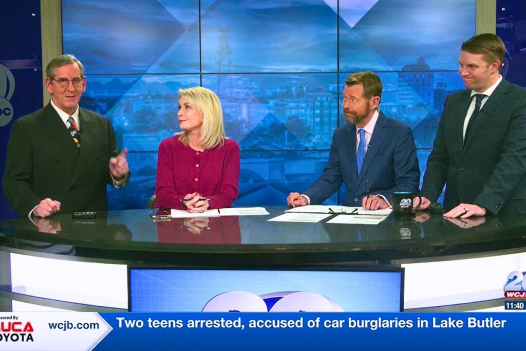 Bill Quinlan (far left) appears for a final show on WCJB in early 2024. Courtesy WCJB