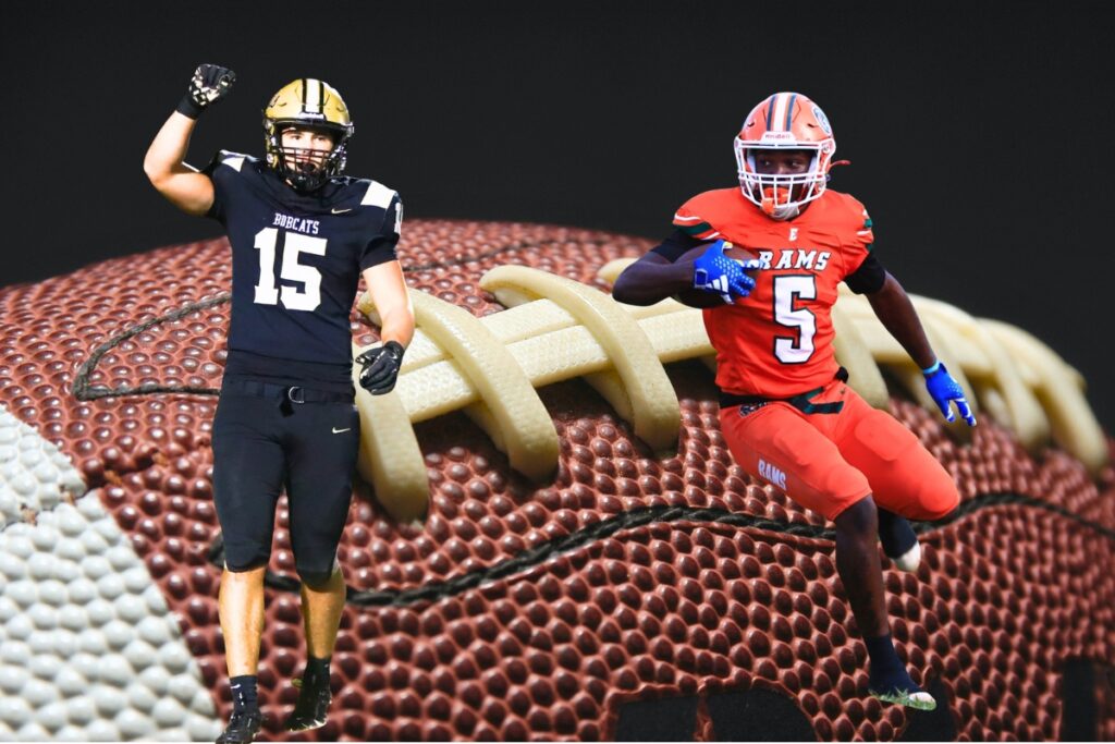 Buchholz's Evan Walker (left) and Eastside's Kamariyon Mack were selected to the 2025 All Area football big school defensive team. Graphic and photos by C.J. Gish