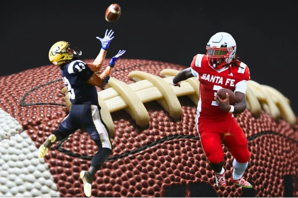 Buchholz's Justin Williams (left) and Santa Fe's Jasiah Powell were selected to the 2025 All Area football big school offensive team. Graphic and photos by C.J. Gish