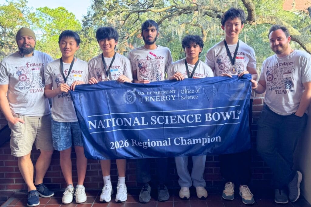 (From left) Coach Marc Moody, Edwin Gao, Jimmy Jiang, Ajay Sawant, Anish Patel, Michael Wei and coach David Buffkin led the Frazer School science bowl team to a regional championship.