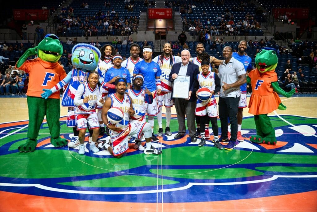Gainesville Mayor Harvey Ward (holding sign) proclaimed Jan. 12, 2026, as Harlem Globetrotters Day when the team performed at the Stephen O'Connell Center. Photo by Tim Rodriquez