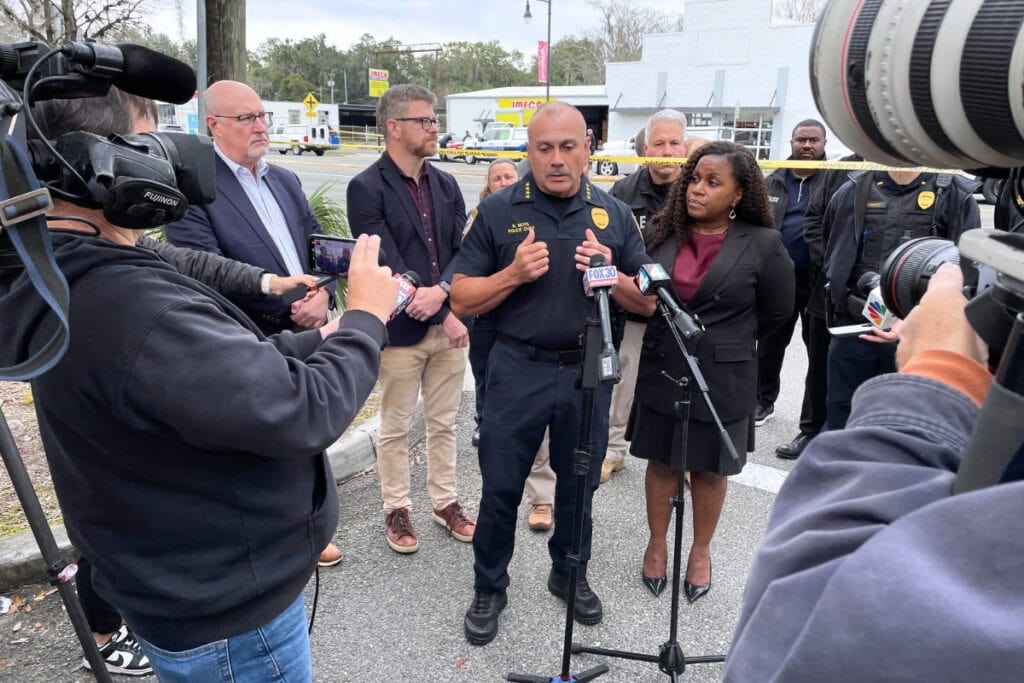 Gainesville Police Chief Nelson Moya talked to the media following Wednesday's shooting that injured to GPD officers who shot and killed a gunman on East University Avenue. Photo by Seth Johnson