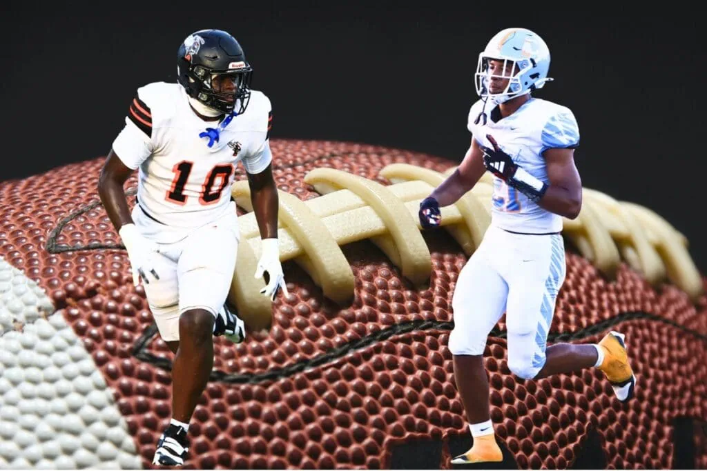 Hawthorne's Kyler Ingram (left) and Chiefland's Jon Adams were selected to the 2025 All Area football small school defensive team. Graphic and photos by C.J. Gish