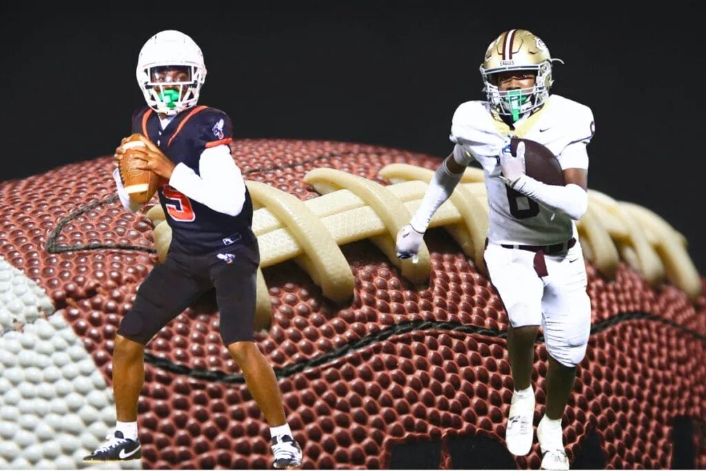 Hawthorne's Richard Roundtree Jr. (from left) and Oak Hall's Darius Medley were selected to the 2025 All Area football small school offensive team. Graphic and photos by C.J. Gish