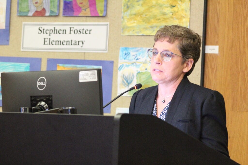 Kathie Ebaugh presented the proposed 12 guiding principals for the ACPS' Our Schools - Future Ready initiative at a school board workshop on Monday. (File photo by Nick Anschultz)