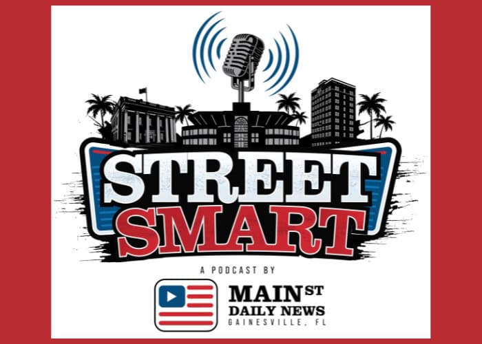 Streetsmart logo for new Mainstreet Daily News podcast with microphone and silhouette of Gainesville buildings in the background.