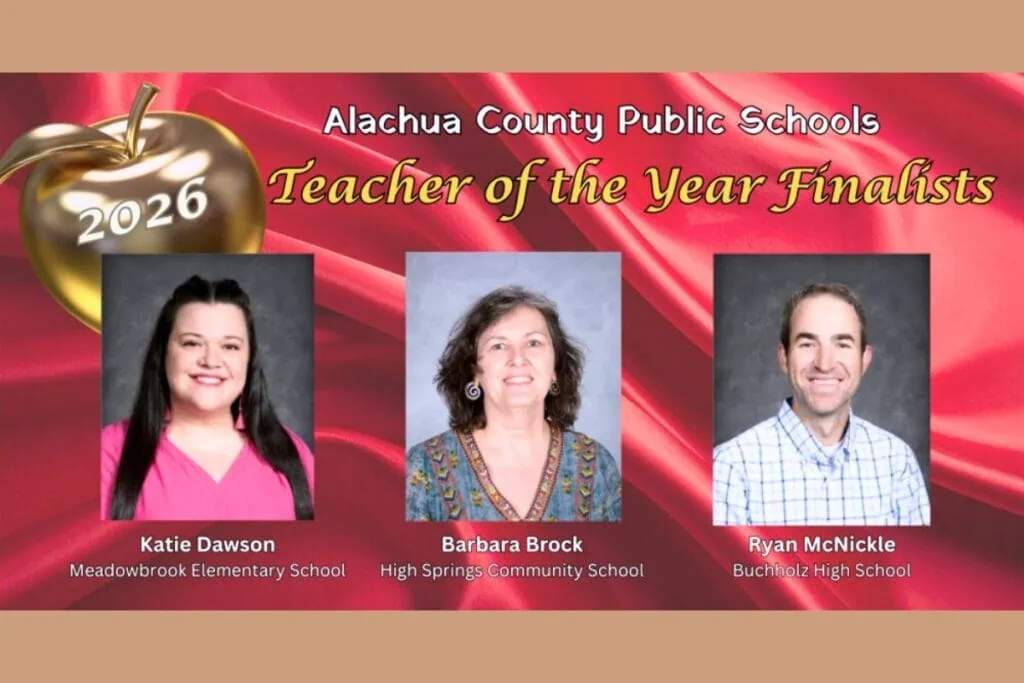 The Alachua County Public Schools' 2026 Teacher of the Year finalists include (from left) Katie Dawson, Barbara Brock and Ryan McNickle. Courtesy of ACPS