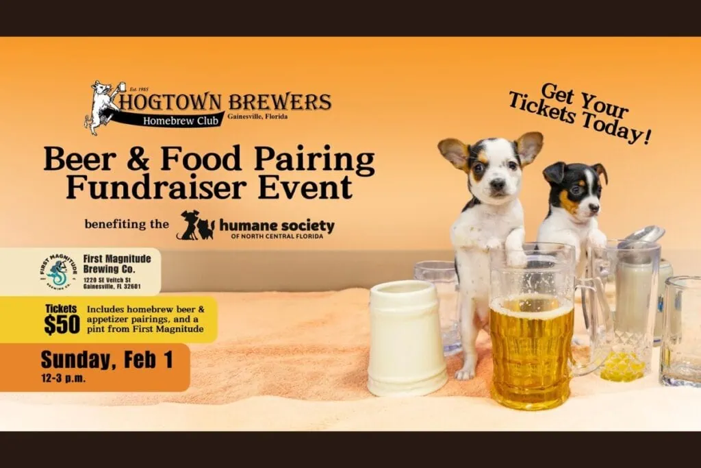 The First Magnitude Brewing Co. will host a “Hogtown Brewers Beer and Food Paring” fundraiser for the Humane Society of North Central Florida on Sunday. Courtesy of HSNCF. Photo of two dogs with beers.