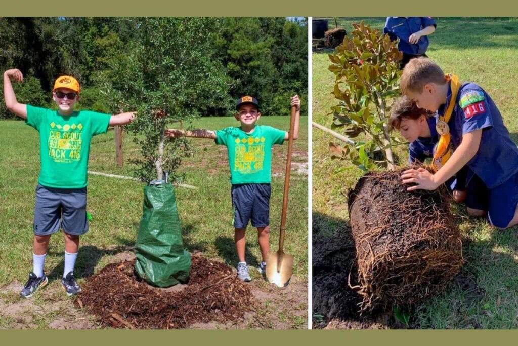 The public is invited to take part in a Florida Arbor Day 2026 celebration on Saturday, Jan. 17, at E.P. Powers Park on Newnans Lake in Gainesville.  Boys planting trees.