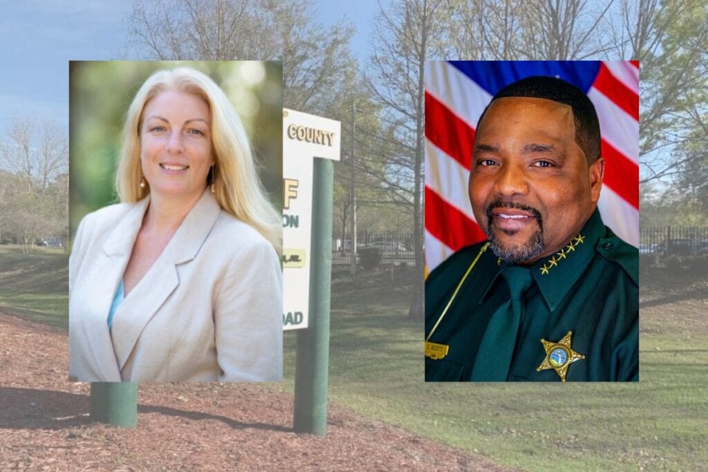 Headshots of Alachua County Sheriff Chad Scott and Commissioner Anna Prizzia in front of the the sheriff's office.