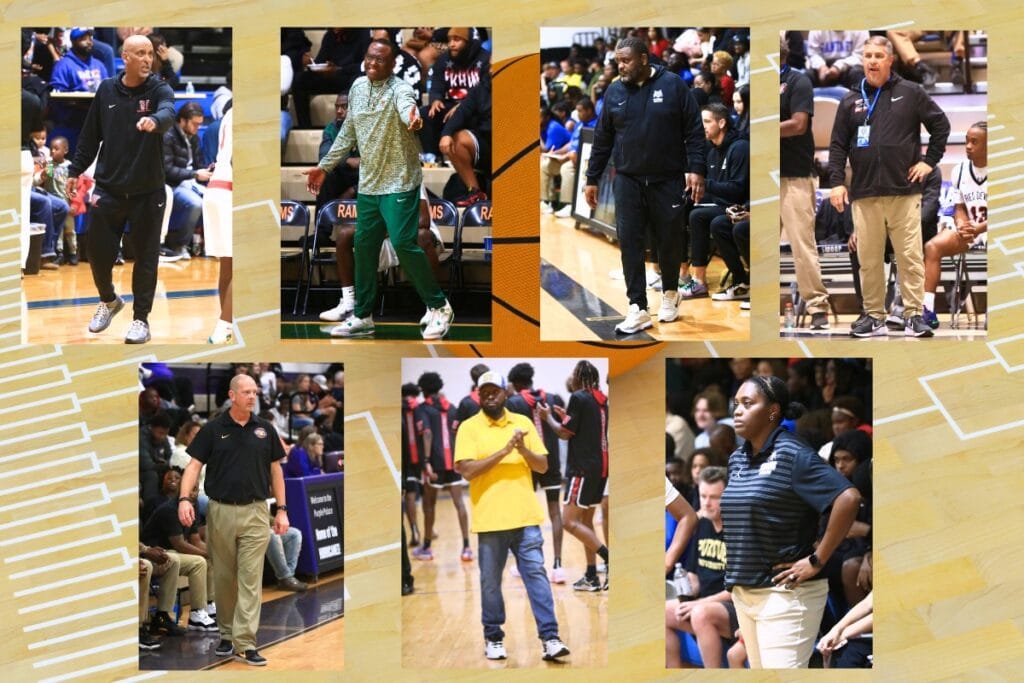 Clockwise from top left Willie Powers, Pop Williams, Elliot Harris, Jim Ervin, Jessica Ross, Patrick Greene and Steve Faulkner have their basketball teams playing deep into the playoffs.