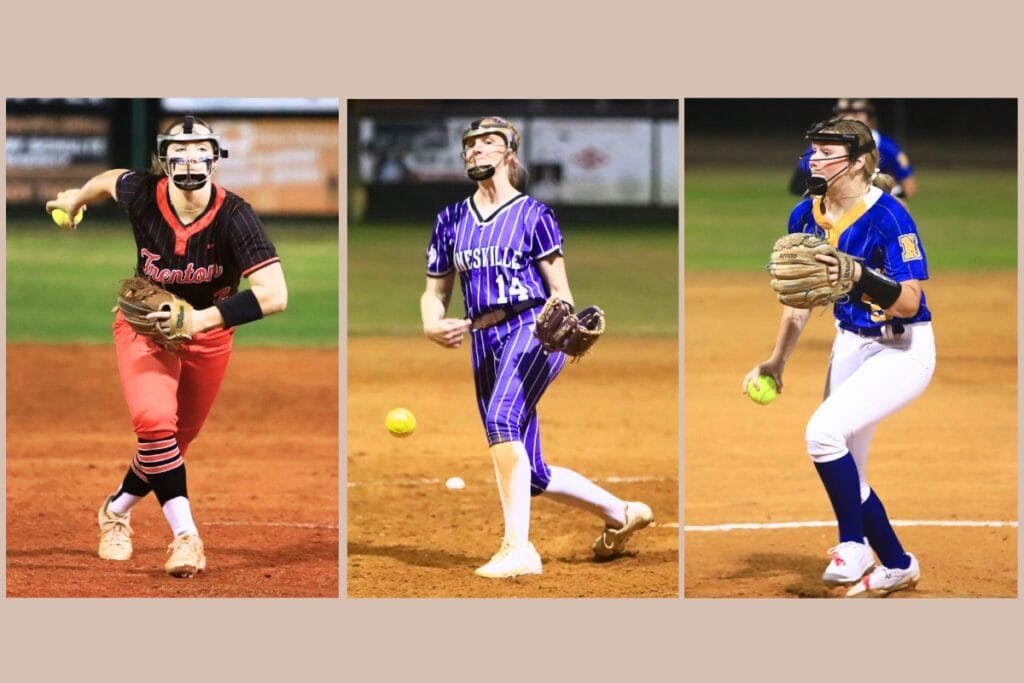 (From left) Trenton's Addison Allaire, Gainesville's Leanna Bourdage and Newberry's Madison Rodgers lead a strong group of area softball teams heading into 2026. Photos by C.J. Gish