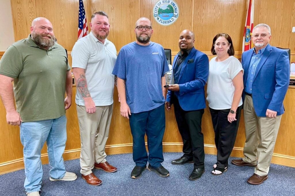 High Springs Public Works Director Jason Kytle (second from left) received the 2026 Employee of the Year award during regular February meeting. Courtesy city of High Springs
