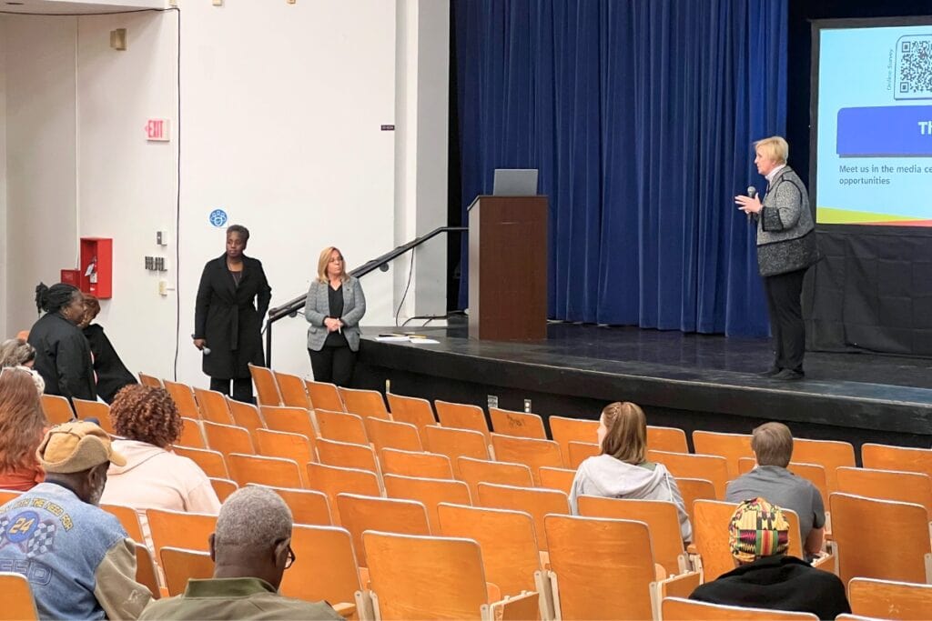Interim ACPS Superintendent Kamela Patton answers a question from a Hawthorne resident on Wednesday night. Photo by Nick Anschultz