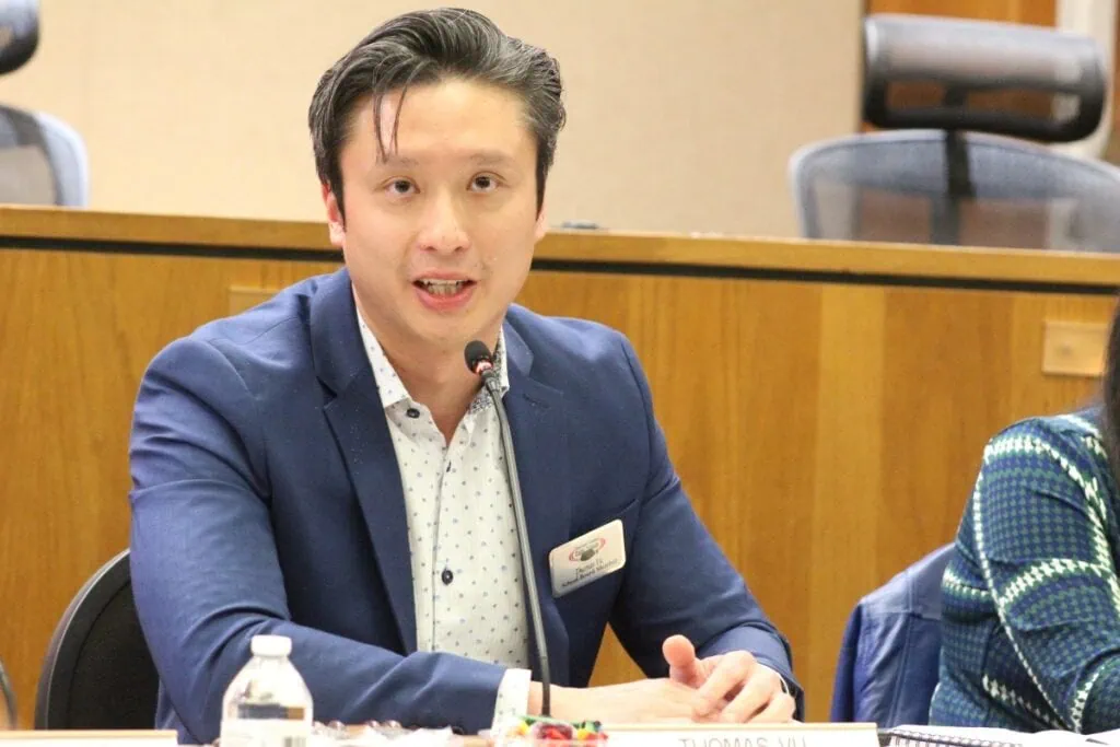 Board Chair Thomas Vu speaks at the Feb. 26 workshop.