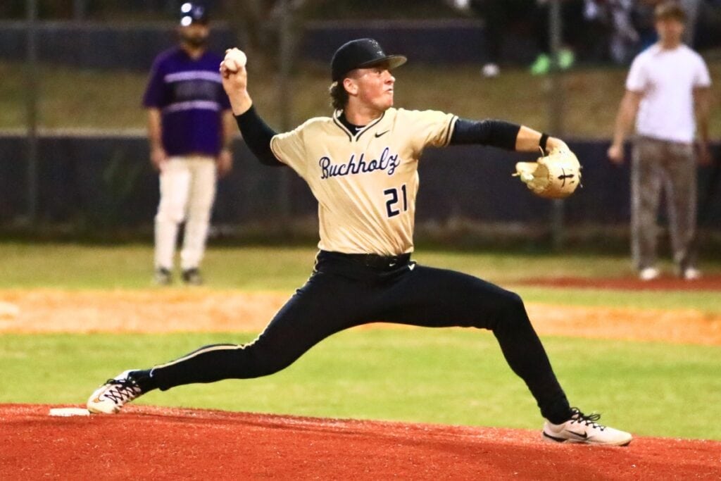 Buchholz pitcher Sterling Tetreault (21) started on the mound against Gainesville and allowed four hits and had five strikeouts to pick up the win. Photo by C.J. Gish