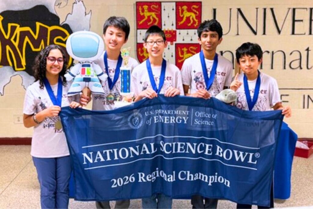 (From left) Isabella Mendoza, Jason Zhang, Arthur Lou, Vivek Kolli and Samuel Dong comprised The Frazer School's first place team at the SCSEA Florida Regional Middle School Science Bowl.