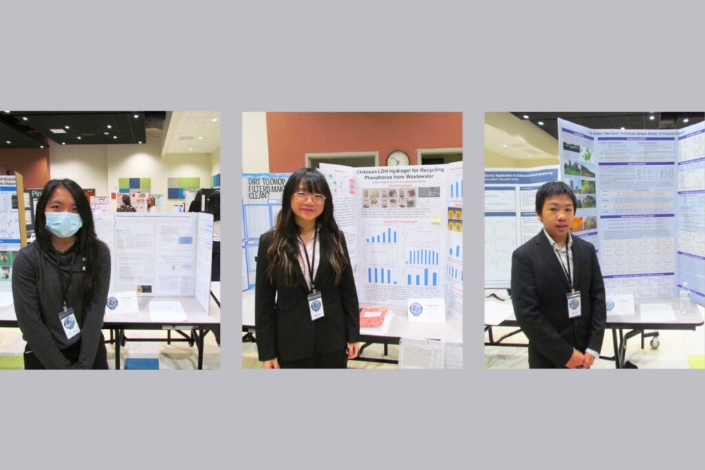 (From left) The Frazer School's Yifan Song, Maggie Gao and David Rong earned first place at the 2026 Alachua Regional Science and Engineering Fair on Feb. 12. Courtesy of The Frazer School