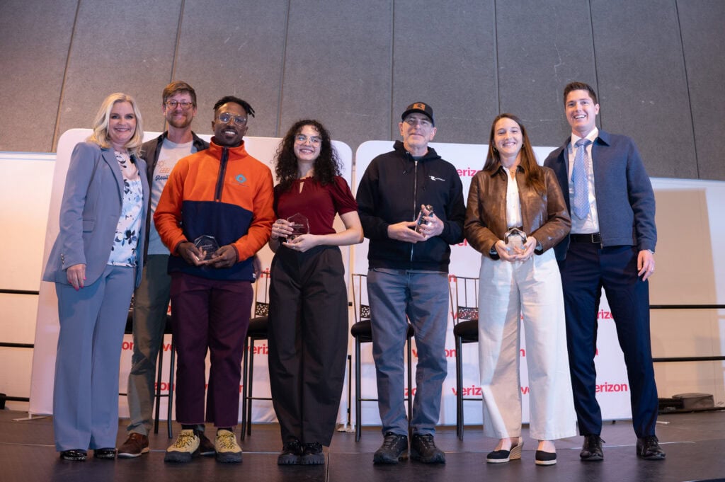 Officials and applicants share the stage at the 2025 Verizon x MIT Solve Disaster Resilience Prize.