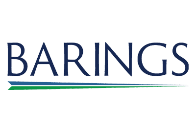 Barings logo featuring the company name in blue uppercase letters with a green and blue underline.
