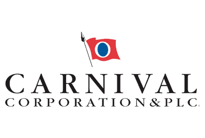 Carnival Corporation & PLC logo featuring black text and a red flag with a blue circle on a flagpole above the company name.