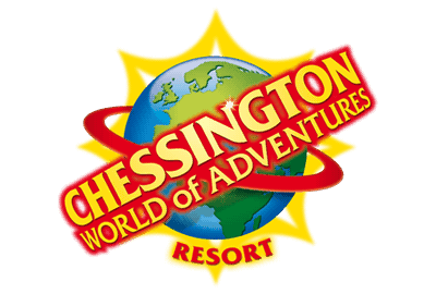 Logo for Chessington World of Adventures Resort, featuring text over a globe with a red ring and a yellow sunburst background.