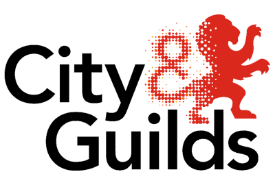 City & Guilds logo featuring black text and a stylised red lion composed of dots next to the ampersand.