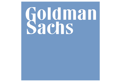 Goldman Sachs logo in white text on a solid light blue background.